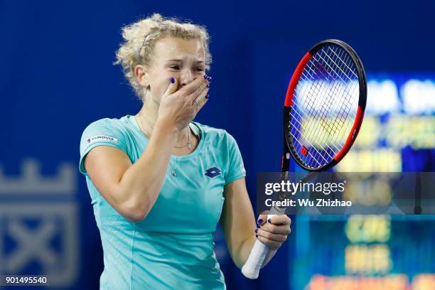 Katerina Siniakova of the Czech Republic celebrates after winning her semi-final match against Maria Sharapova of Russia on Day 6 of 2018 WTA...