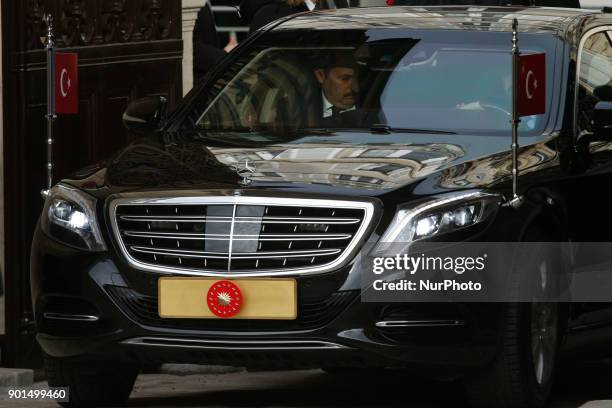 The car of Turkish President Recep Tayyip Erdogan arrives at the Elysee palace in Paris for a meeting with his French counterpart on January 5, 2018...