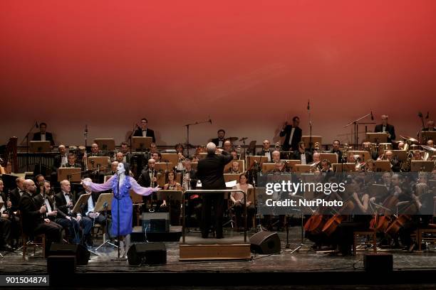 The singer Luz Casal and the Municipal Symphonic Band of Madrid offer a benefit concert at the Teatro Real de Madrid. Spain. 5th of January 2018