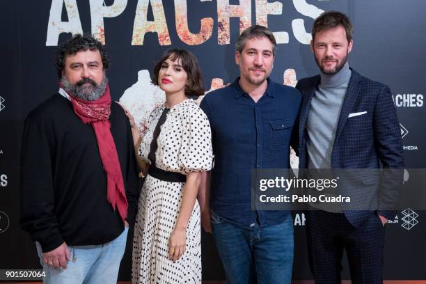 Paco Tous, Veronica Echegui, Alberto Ammann and Eloy Azorin attend the 'Apaches' photocall at Atresmedia Studios on January 5, 2018 in Madrid, Spain.