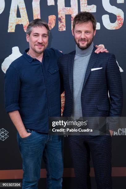 Spanish actors Alberto Ammann and Eloy Azorin attend the 'Apaches' photocall at Atresmedia Studios on January 5, 2018 in Madrid, Spain.