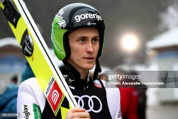 Peter Prevc of Slovenia looks on before his practice jump of the FIS Nordic World Cup Four Hills Tournament on January 5, 2018 in Bischofshofen,...