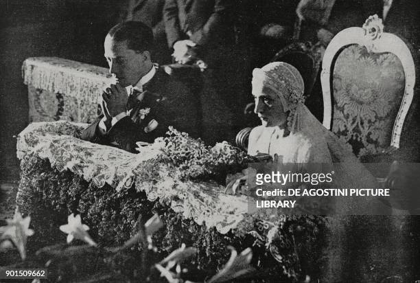 Edda Mussolini and Galeazzo Ciano by the altar of the church of San Giuseppe in Rome, Italy, during their marriage ceremony, photo by A Bruni, from...