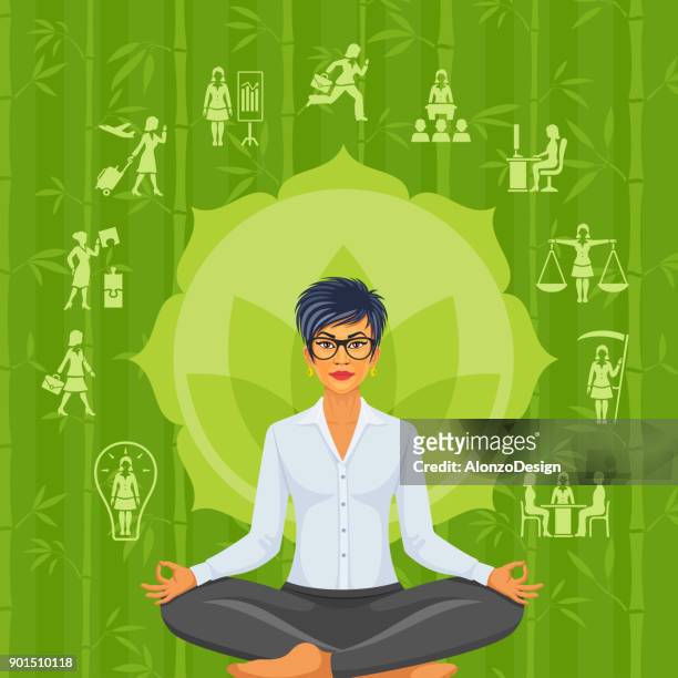 geschäftsfrau üben meditation - bambus stock-grafiken, -clipart, -cartoons und -symbole