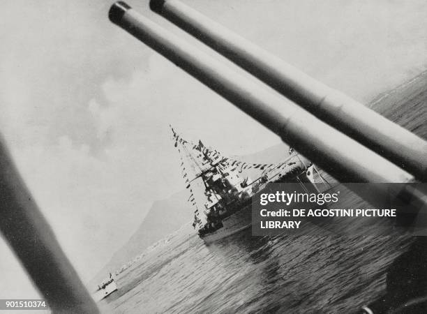 Ships in the Gulf of Naples, Italy, to celebrate the visit of the Regent of the Kingdom of Hungary, Miklos Horthy and the renewed friendship between...