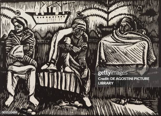 Men in a typical Libyan coffee house, xylograph by Francesco Dal Pozzo, from L'Illustrazione Italiana, year LVIII, n 7, February 15, 1931.