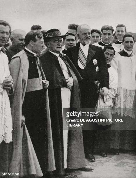 Pope Pius XI , center, on the inauguration of the Collegio Urbano de Propaganda Fide, April 24, Rome, Italy, photo by Felici, from L'Illustrazione...
