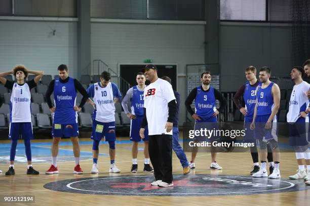 LaVar Ball, father of LaMelo and LiAngelo Ball talks to the team during a first training session with Lithuania Basketball team Vytautas Prienai on...