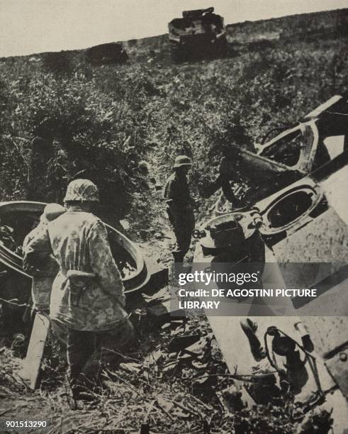 Sherman tanks destroyed by soldiers ofromf the Hermann Goering division, Italy, World War II, photograph by Atlantic from L'Illustrazione Italiana,...