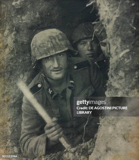 Grenadiers taking cover from US artillery attack, Italy, World War II, from L'Illustrazione Italiana, Year LXXII, No 4, January 28, 1945.