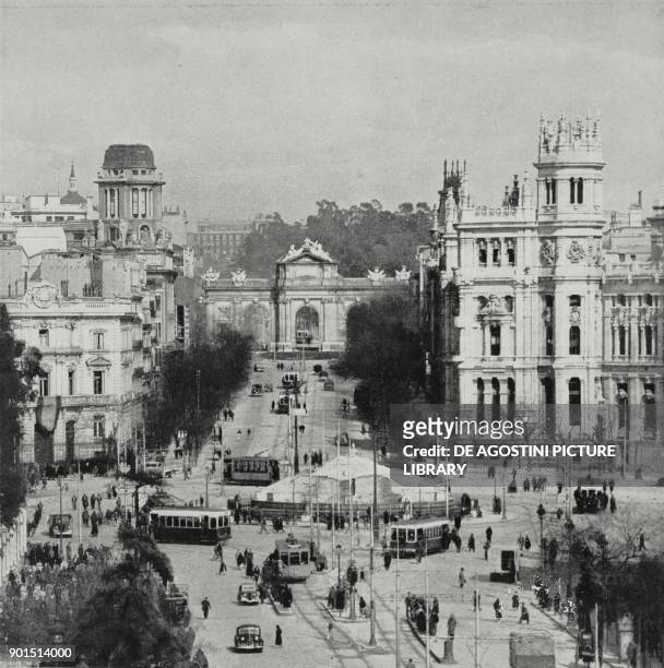 View of Cibeles fountain, still covered by anti-air raid coverings, Plaza de Cibeles, Madrid, Spain, Spanish Civil war, from L'Illustrazione...