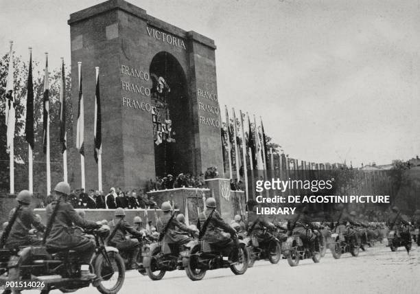 Littorio motorised divisions parading in Madrid to celebrate Franco's entry into the capital, Spain, Spanish Civil war, from L'Illustrazione...