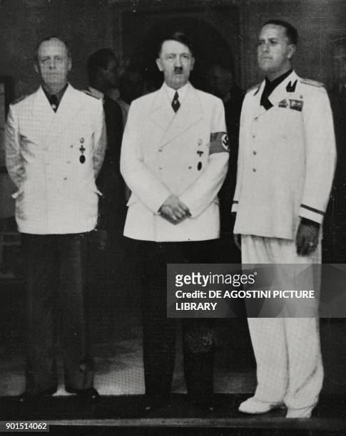 Meeting between Joachim von Ribbentrop, Adolf Hitler and Galeazzo Ciano in Fuschl, Austria, from L'Illustrazione Italiana, Year LXVI, No 34, August...
