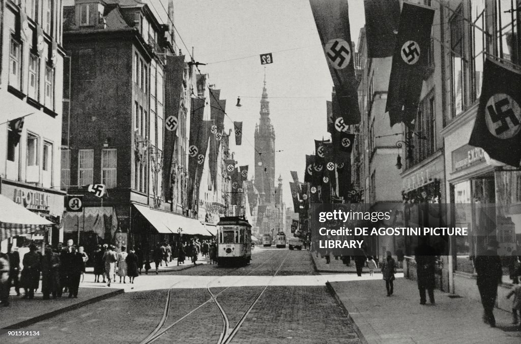 Flags with swastikas in streets of Gdansk