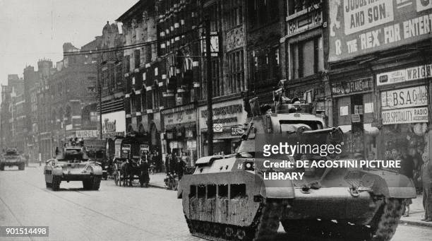 British tanks in the streets of London waiting for the German attacks, United Kingdom, World War II, from L'Illustrazione Italiana, Year LXVII, No...