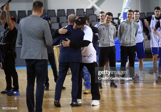 LaVar Ball, father of LaMelo and LiAngelo Ball is greated by a team official during a first training session with Lithuania Basketball team Vytautas...