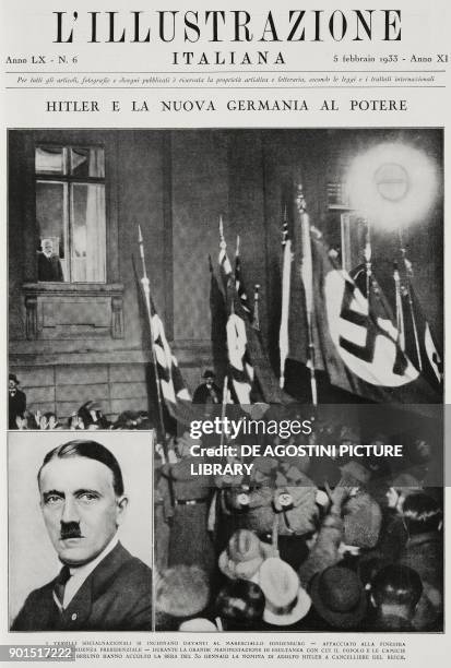 The tribute of people and brown shirts to Marshal Paul Von Hindenburg , overlooking the window of the presidential residence, after the appointment...