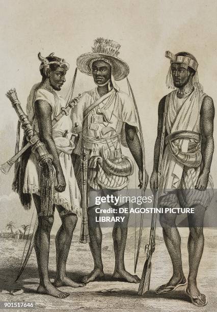 Mandingo, 2 Bambara, 3 Wolof, people from West Africa, engraving by Lemaitre from Senegambie et Guinee, by Tardieu, Nubie, by Cherubini, Abyssinie,...