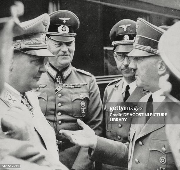 Hermann Goering, Wilhelm Keitel, Heinrich Himmler and Adolf Hitler in Tauchen-Schauereck, April 20 Austria, World War II, from L'Illustrazione...