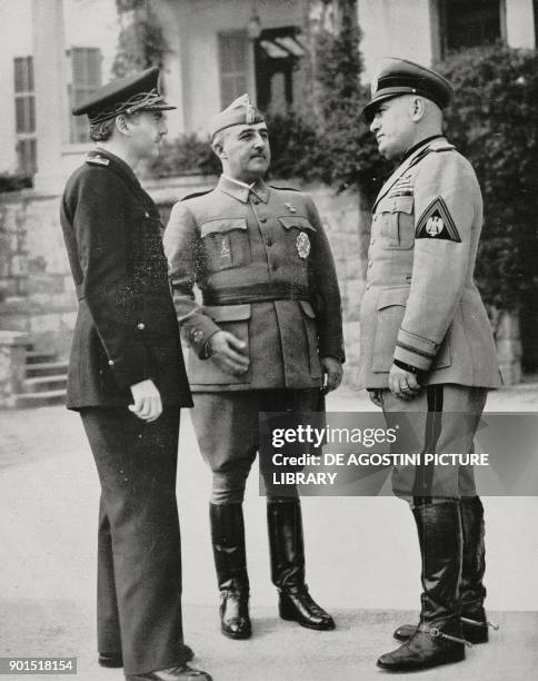 Spanish Minister Ramon Serrano Suner, Francisco Franco and Benito Mussolini in Bordighera, February 11 Italy, World War II, from L'Illustrazione...