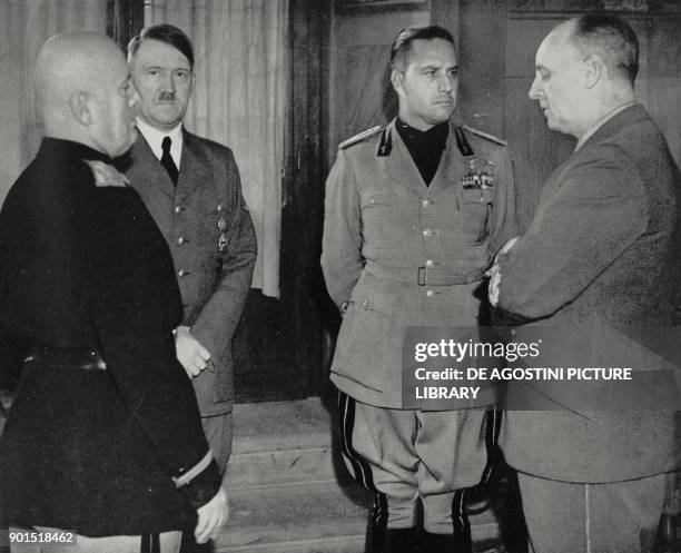 Benito Mussolini, Adolf Hitler, Joachim von Ribbentrop and Galeazzo Ciano during a meeting at Palazzo Vecchio, Florence, October 28 Italy, World War...