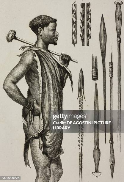 Portrait of Chaasi, a Bachapin, and weapons, southern Africa, engraving by Lemaitre from Afrique Australe, Afrique Orientale, Afrique Centrale,...