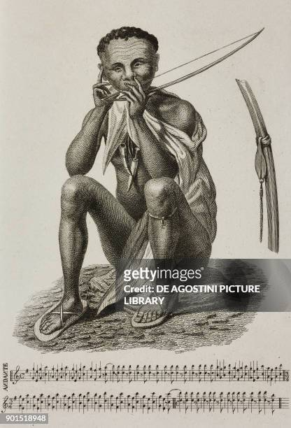 San or Bushman man playing a gorah , southern Africa, engraving by Lemaitre from Afrique Australe, Afrique Orientale, Afrique Centrale, Empire de...