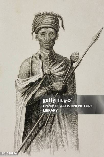 San or Bushman chief, southern Africa, engraving by Lemaitre from Afrique Australe, Afrique Orientale, Afrique Centrale, Empire de Maroc, by Hoefer,...