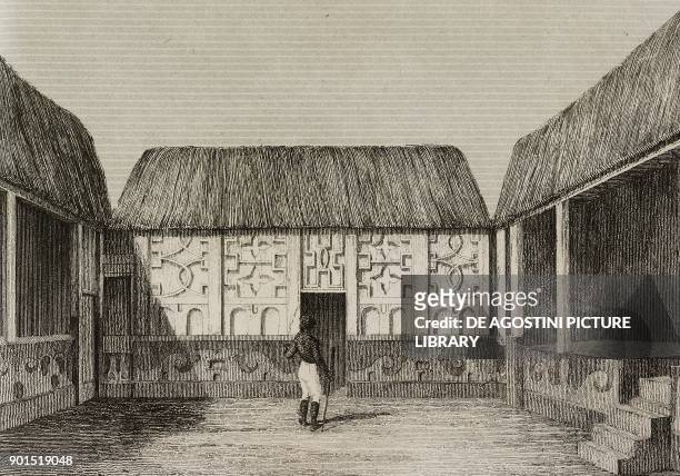Courtyard of an Ashanti people house, Ghana, engraving by Lemaitre from Afrique Australe, Afrique Orientale, Afrique Centrale, Empire de Maroc, by...