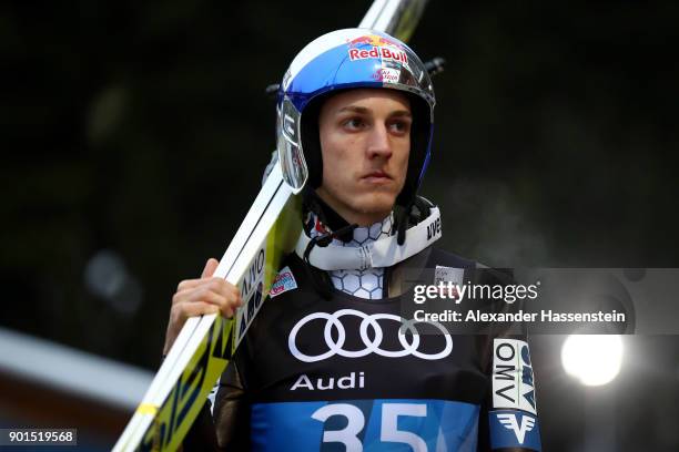 Gregor Schlierenzauer of Austria looks on before his practice jump of the FIS Nordic World Cup Four Hills Tournament on January 5, 2018 in...