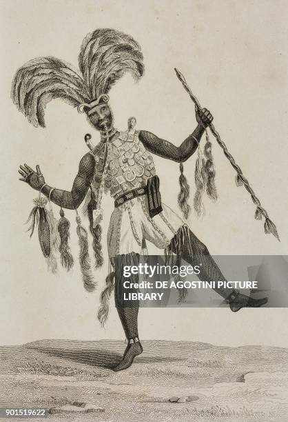 Ashanti chief wearing battle dress, Ghana, engraving by Lemaitre from Afrique Australe, Afrique Orientale, Afrique Centrale, Empire de Maroc, by...