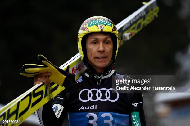 Noriaki Kasai of Japan looks on before his practice jump of the FIS Nordic World Cup Four Hills Tournament on January 5, 2018 in Bischofshofen,...
