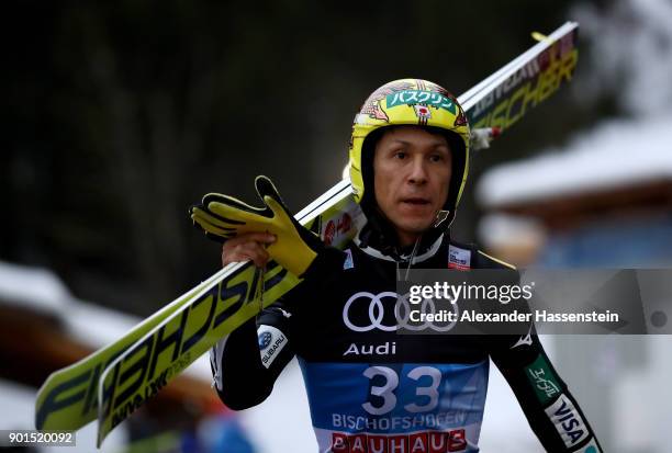 Noriaki Kasai of Japan looks on before his practice jump of the FIS Nordic World Cup Four Hills Tournament on January 5, 2018 in Bischofshofen,...