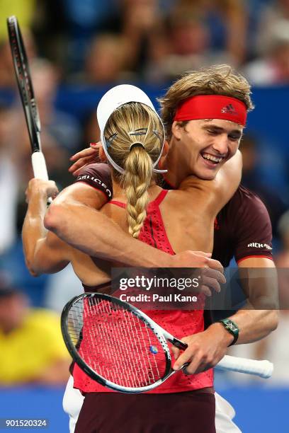 Angelique Kerber and Alexander Zverev of Germany celebrate winning the mixed doubles match against Thanasi Kokkinakis and Daria Gavrilova of...