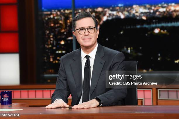 The Late Show with Stephen Colbert and guest David Harbour during Wednesday's January 3, 2018 show.