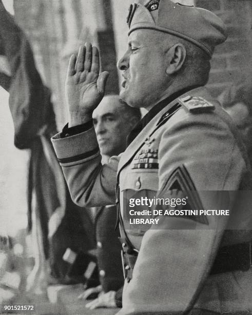 Benito Mussolini speaking from the balcony of the Government Palace, Cagliari, 14 May 1942, Italy, World War II, from L'Illustrazione Italiana, Year...