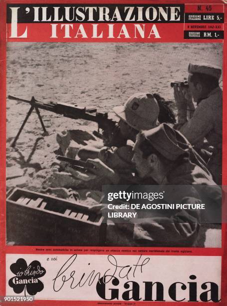 Italian soldiers using automatic firearm to repel an attack in the Southern sector on the Egyptian front, North African Campaign, Second World War,...