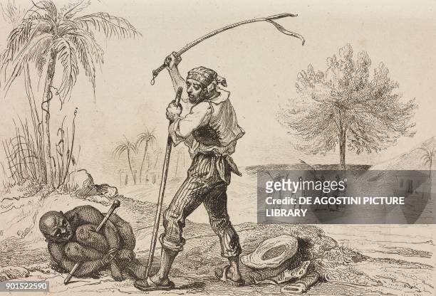 Coloured slaves being whipped, Brazil, engraving by Debret from Bresil, by Ferdinand Denis, Colombie et Guyanes, by Famin, L'Univers Pittoresque,...