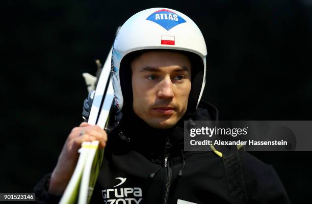 Kamil Stoch of Poland looks on before his practice jump of the FIS Nordic World Cup Four Hills Tournament on January 5, 2018 in Bischofshofen,...