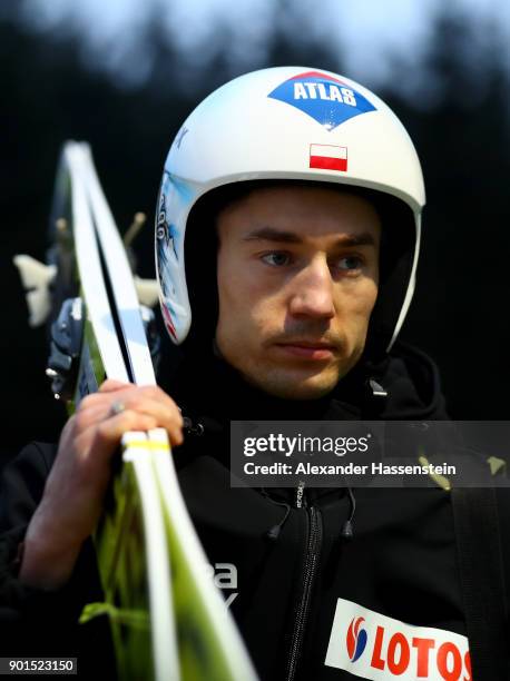 Kamil Stoch of Poland looks on before his practice jump of the FIS Nordic World Cup Four Hills Tournament on January 5, 2018 in Bischofshofen,...