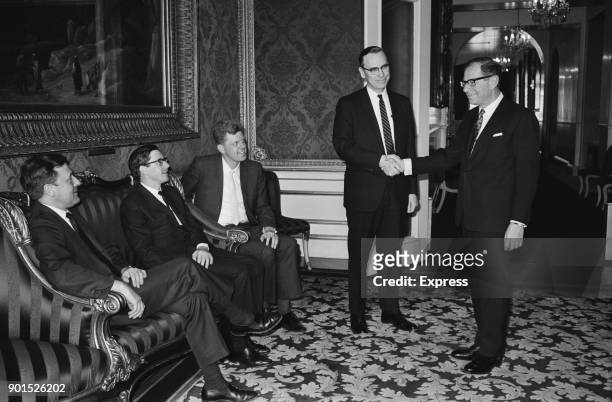 British Labour Party politician and Financial Secretary to the Treasury Harold Lever, Baron Lever of Manchester , greets members of the International...