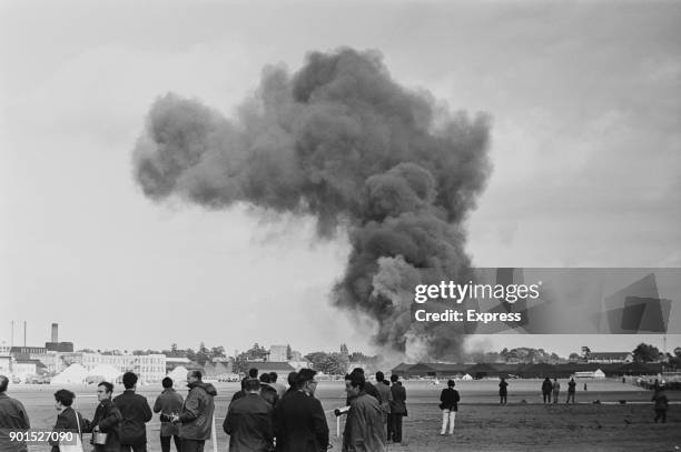 Cloud of smoke rises in the sky after an incident occurred at the Farnborough Air Show, where long-range maritime patrol aircraft Breguet 1150...