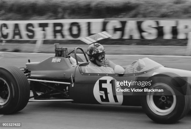 British racing driver Tony Lanfranchi wearing a Aerofoil helmet on the Brabham BT21 - Ford/Lucas racecar, Alan Fraser Racing Team, at Brands Hatch...