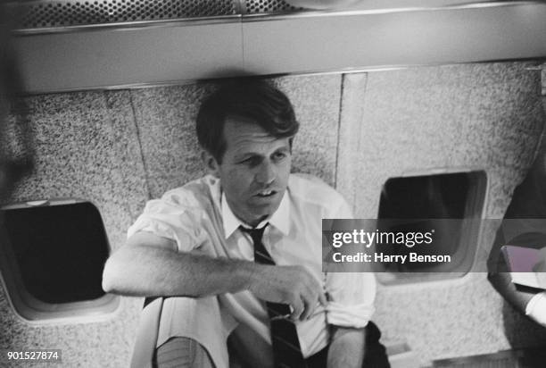 American politician and lawyer Robert Kennedy on an airplane during his presidential election tour, US, 1968.