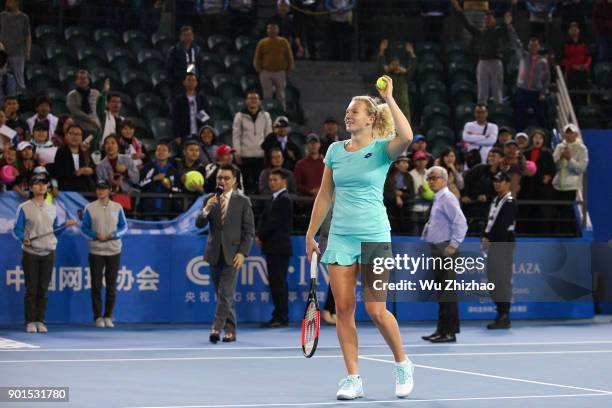 Katerina Siniakova of the Czech Republic celebrates after winning her semi-final match against Maria Sharapova of Russia on Day 6 of 2018 WTA...