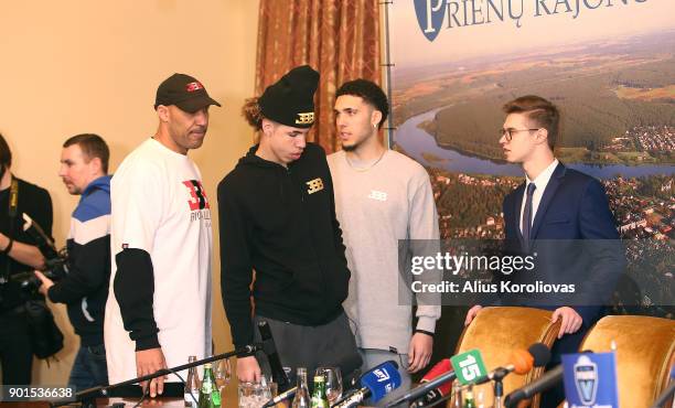 LaVar Ball along with his sons LiAngelo and LaMelo Ball during a press conference after LiAngelo and LaMelo first training session with Vytautas...