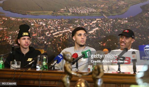 LaVar Ball along with his sons LiAngelo and LaMelo Ball during a press conference after LiAngelo and LaMelo's first training session with Vytautas...