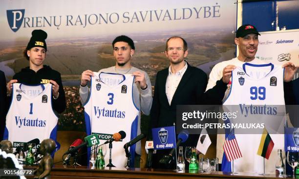 Basketball player LaMelo Ball, LiAngelo Ball and their father LaVar Ball attend a press conference in Prienai, Lithuania, where they will play for...