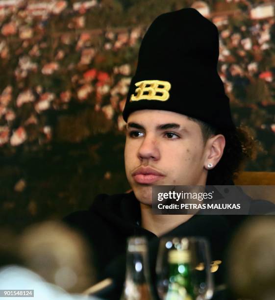 Basketball player Lamelo Ball attends a press conference in Prienai, Lithuania, where he will play for the Vytautas club on January 5, 2018....