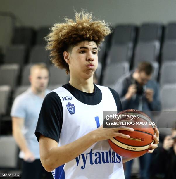 Basketball player Lamelo Ball takes part in his first training session in Prienai, Lithuania, where he will play for the Vytautas club on January 5,...